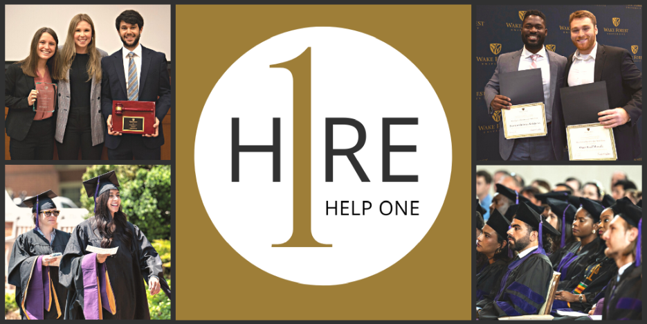 Logo of the Hire One. Help One. campaign with four smaller photos of graduating students, students with awards next to logo.